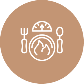 Plate, cutlery, and scale icon on brown.