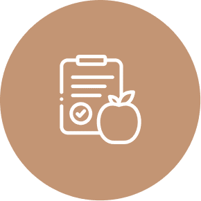 Checklist and apple icon on brown circle.