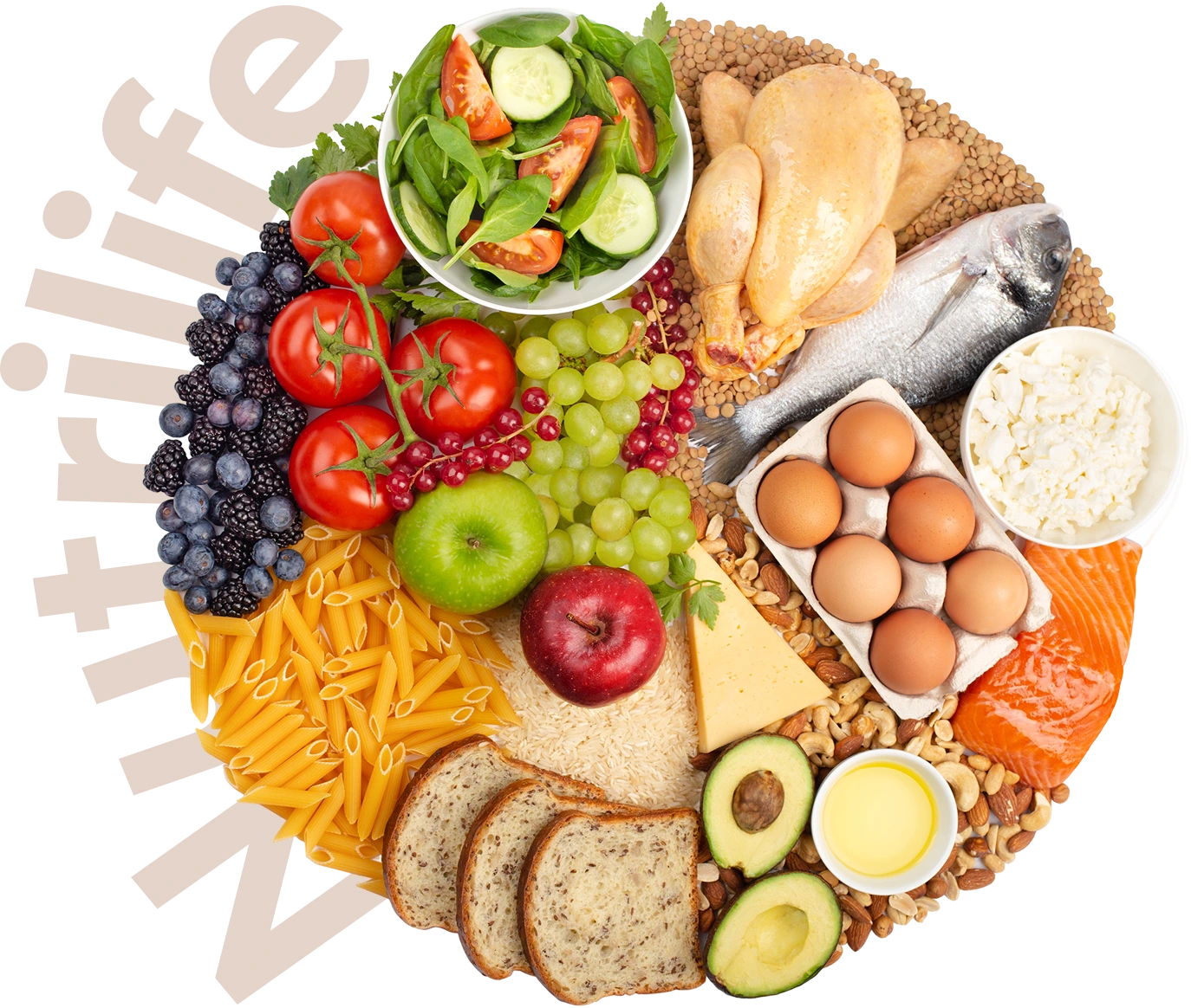 Balanced diet food circle with various ingredients.