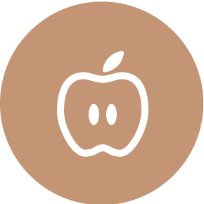 White apple icon on brown circle background.